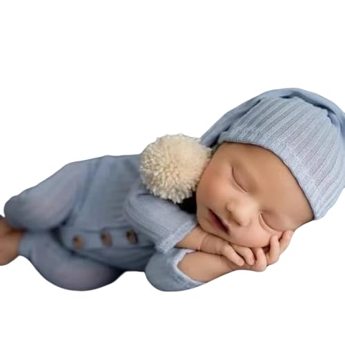 Newborn Baby Photo Shoot Props Girl Boy Crochet Knit Hat Costume Stripe Hat Pants Overalls Photography Props - color: Baby Blue