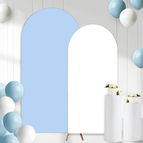 2PCS Arch Backdrop Covers Light Blue White (7.2ft+6ft) , 2 Sided Spandex Fitted Arch Stand Covers Background for Wedding Baby Shower Birthday Bridal Shower Party Decorations(Only Covers) - color: Blue & White, size: 7.2FT/6FT