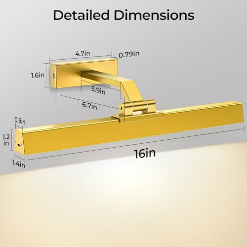 Afyuol Picture Lights Wall Light 16in CCT Gallery Light | Battery Operated, Timer, Remote Control, Adjustable Brightness, Long Lasting, for Wall, for Paintings, for Living Room, Art, Dartboard, Decor - color: Gold, size: 1PC16in