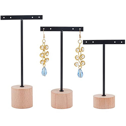 FINGERINSPIRE 3 Pcs Black Metal T Bar Earring Display Stand with Wooden Round Base 4 Holes Earrings T Stand Hanging Earring Organizer for Store Retail Photography Props（4.7 & 5.5 & 6.3 inch Height） - color: 4 Holes With Round Base