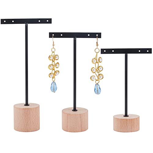 FINGERINSPIRE 3 Pcs Black Metal T Bar Earring Display Stand with Wooden Round Base 4 Holes Earrings T Stand Hanging Earring Organizer for Store Retail Photography Props（4.7 & 5.5 & 6.3 inch Height） - color: 4 Holes With Round Base