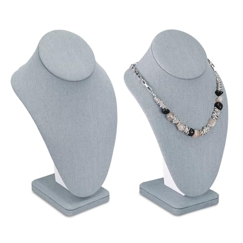 MOOCA 2 Pcs Linen Covered Wood Necklace Display Busts - Elegant Jewelry Chain Mannequins for Necklaces - 6 3/8 W x 4 1/4 D x 10 H in, Dim Grey - color: 5) Dim Grey Linen, 2 pieces