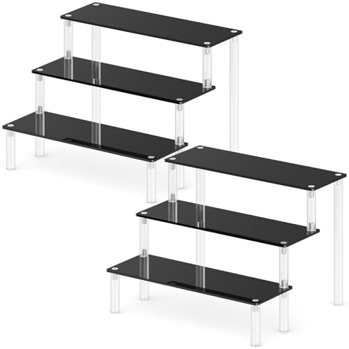 2 Packs Acrylic Display Stand Riser,3 Tier Perfume Organizer Cupcake Stand Acrylic Pop Shelves Holder,Black Desk Display Shelf for Figure,Trinket,Collectibles,Dessert Tray Stands for Party Decor-7.9in - color: Black, size: 7.9x2.8 inch