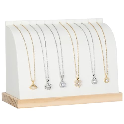KUKUVR PU Cambered Necklace Display Stand for Women, Wood Base Jewelry Holder Rack for Necklace Pendant Bracelet Chains, Necklaces Storage Organizer Showcase for Selling Vendors exhibition (White) - color: White