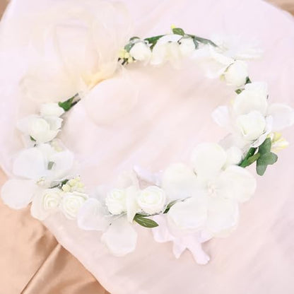 Adjustable Flower Crown Headband for Women - Floral Garland Hair Wreath with Crystal Accents Perfect for Weddings Flower Wands Photo Props (White Flower Green, Adjustable) - color: White Flower Green