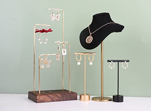 Gold Metal Single Pair T Bar Earring Retail Display Stand for show, Tabletop Jewelry Tower Holder for Girl Women【Gold-Round Base Height 5.3"】 - color: Gold, size: High