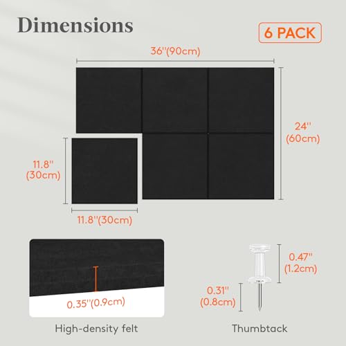 Lifewit 36"x 24" Felt Bulletin Board with Self-Adhesive, 6 Pack Cork Board Alternative for Walls, Large Pin Board Vision Board Message Board with 30 Pushpins for Office Decor, Room Decor, Black - color: Black, size: Square Stripe 6-pack