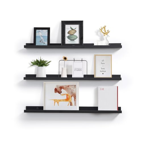 MBYD 36 Inch Picture Ledge Shelf with Lip Modern Black Floating Photo Shelves Natural Wood Set of 3 Same Sizes Frames Albums Display Shelf for Bedroom Bathroom Living Room Kitchen - color: Black, size: Set of 3 36 in