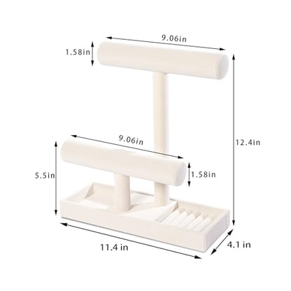 ByKen Multi-Functional 2 Tier Jewelry Holder,Necklace Bracelet Holder with Earrings Rings Tray,Jewelry Organizer Stand for Scrunchie Watches(Beige Velvet)