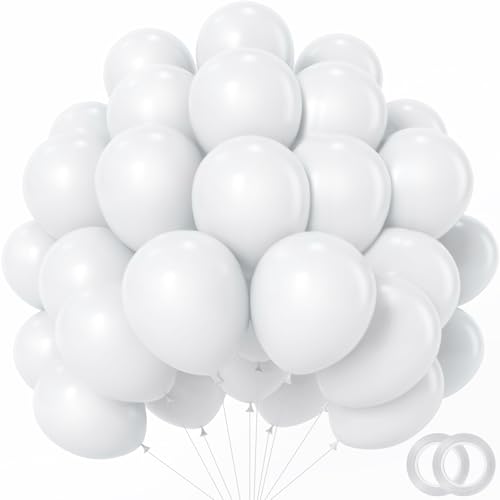 White Balloons - 12 inch 100pcs Latex - Round White Birthday Balloons with 2 Ribbons for Birthday Party, Wedding, Anniversary, Baby Shower Decorations - color: White, size: 12 Inch 100PCS