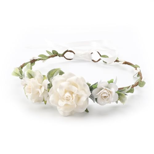 Flower Girl Flower Crown Pink Baby Girls Floral Headpieces Kids Headband Children Hair Wreath Photo Prop (White-Child Size) - color: White