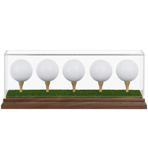Hole in One Golf Ball Display Case Golf Ball Display Case Holder for 5 Golf Balls Wanult Wood Base Acrylic Golf Ball Holder Stand Lifelike Turf Wood Tee Memorabilia Showcase Cube Box Stand Gift Decor