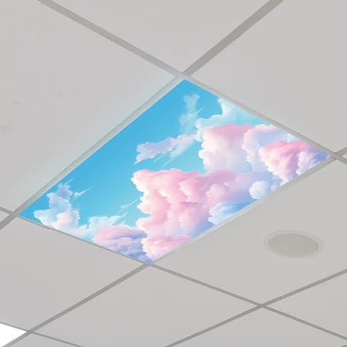 Outus Fluorescent Light Cover Classroom Lighting Cover with 10 Magnets Light Filter Magnetic Ceiling Panel Decoration 2 x 4 ft (23.62 x 47.24 In) Reduce Glare for Office School(4,Pink Cloud) - style: Pink Cloud