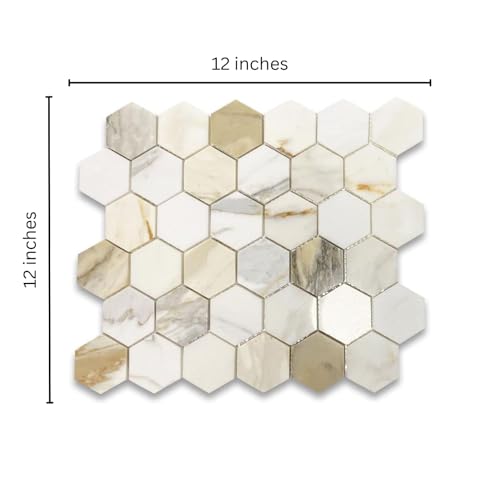 Tenedos Calacatta Gold Marble 2 inch Hexagon Mosaic Tile Polished for Kitchen Backsplash Bathroom Flooring Shower Surround Dining Room Entryway Corrido Spa (1 Sheet)