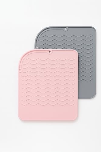 2-Pack Heat Resistant Silicone Mat for Hair Styling Tools – for Flat Iron, Curling Iron & Hot Hair Tools, Heat Proof Pad for Bathroom & Vanity Non-Slip Countertop Protector - color: Pink & Gray (2-pack)