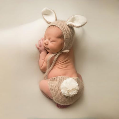 ForBaysy Newborn Photography Props Boy Girl Crochet Bunny Costume Set Baby Photo Shoot Outfits with Rabbit Ear Hat - color: Latte Bunny Set