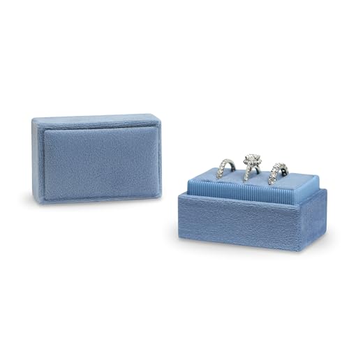 Rectangle 3 Slots Italian Velvet Jewelry Box Engagement Wedding Photo Ring Box Keepsake Box Triple Ring Gift Box (Ocean Blue) - color: Ocean Blue