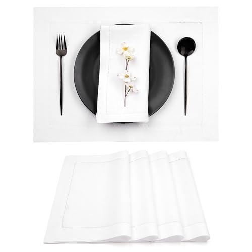 D'Moksha Homes White Linen Placemats Set of 4 - Classic Hemstitch Placemats 14 x 19 Inch - 100% Pure Linen Table Mats for Spring - Handcrafted and Machine Washable - color: 09 - White