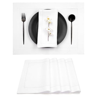 D'Moksha Homes White Linen Placemats Set of 4 - Classic Hemstitch Placemats 14 x 19 Inch - 100% Pure Linen Table Mats for Spring - Handcrafted and Machine Washable - color: 09 - White