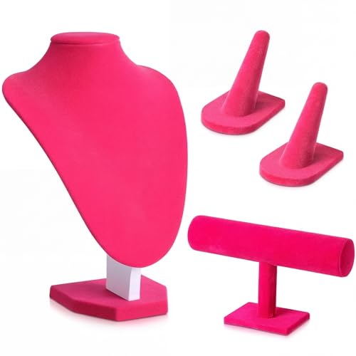 Wenqik 4 Pcs Velvet Jewelry Display Set Velvet Necklace Bust Holder Bracelet Organizer 2 Ring Finger Jewelry Holder - color: Rose Red