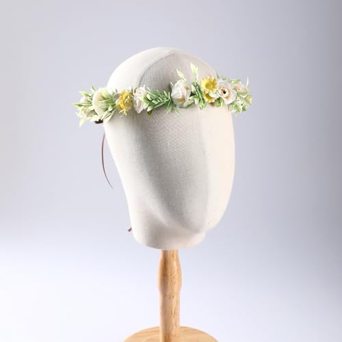 Girls Rose Flower Crown - White Boho Flower Headband Bridal Wreath Popular Floral Headpiece for Women Wedding, Baby Shower, Family Photos and Fancy Gala - color: Yellow White