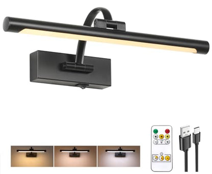Tassuowell Wireless Battery Operated Picture Light,Rechargeable Wall Light with Remote and Timer,15.75 Inch Black Dimmable Painting Light,3CCT with Adjustable Swing Arm for Display Gallery Lighting - color: Black, size: 15.7inch