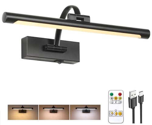 Tassuowell Wireless Battery Operated Picture Light,Rechargeable Wall Light with Remote and Timer,15.75 Inch Black Dimmable Painting Light,3CCT with Adjustable Swing Arm for Display Gallery Lighting - color: Black, size: 15.7inch