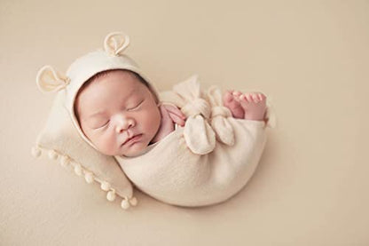 Newborn Baby Boy Girl Photography Props Bow Wrap, Posing Aid, Hat and Blanket Set of 4 Pcs - color: Creamy White