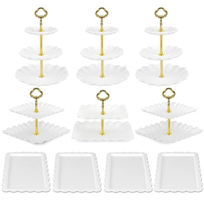 Pack of 11 NWK Cake Stand Set, with 3 x Two-Tier and 3 x Three-Tier Cupcake Stands, 4 x Appetizer Trays, 1 x Tablecloth for Birthday Bridal Baby Shower Party (Gold) - color: Gold