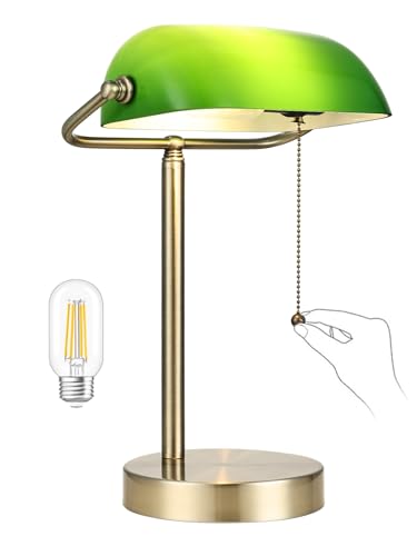 Traditional Green Glass Bankers Desk Lamp with Pull Chain Switch Plug in Fixture,LED Bulb Included - color: Green
