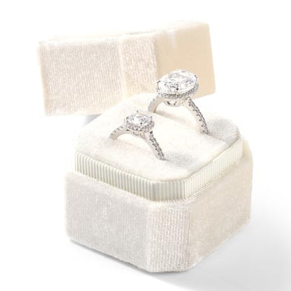 3 Slots Ring Box Velvet Ring Gift Box Wedding Day For Proposal, Engagement, Wedding, Mother's Day, Valentine's Day (White) - color: Beige