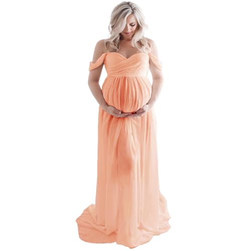 Maternity Lace Dress for Photoshoot Off Shoulder Gown Pregnancy Dresses for Photography - color: Light Orange, size: Small