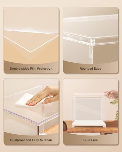 ROBOTIME Clear Acrylic Display Case Dustproof Box Stand with White Base, Dust Cover Display Case for Assemble Countertop Cube Organizer Stand Storage Boxes（11.3x9.3x9.6inch）