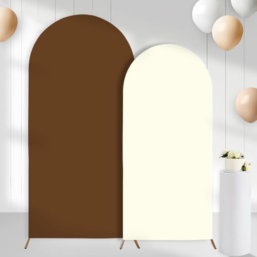 Set of 2 Arch Backdrop Covers Brown Cream(7.2Ft, 6Ft), 2-Sided Spandex Fitted Round Top Chiara Arch Backdrop Stand Covers for Baby Shower Wedding Birthday Party Decor Supplies (Only Cover) - color: Brown & Cream, size: 7.2FT/6FT