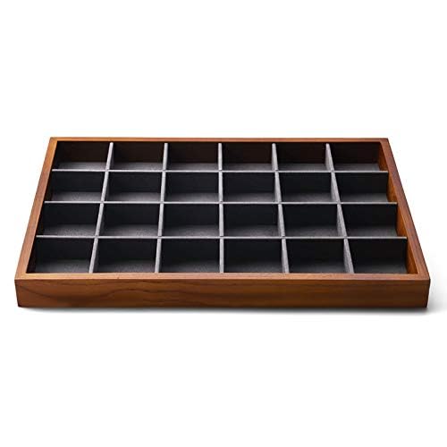Oirlv 24 Grid Wood Jewelry Tray Microfiber Interior Jewelry Drawer Organizer Showcase Display Box Ring Earrings Holder(Grey) - color: Grey 24 grid tray