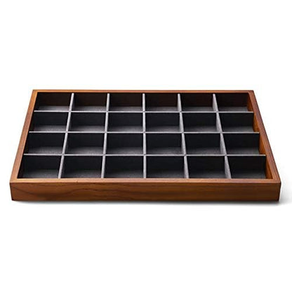 Oirlv 24 Grid Wood Jewelry Tray Microfiber Interior Jewelry Drawer Organizer Showcase Display Box Ring Earrings Holder(Grey) - color: Grey 24 grid tray