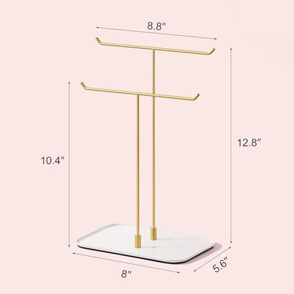 bussdis Gold Jewelry Organizer Necklace Holder Stand: 2-Tier T-Bar Display with White Metal Tray, Holds Necklaces Bracelets Earrings, Countertop Jewelry Tree - color: Gold, size: 12.5" Height