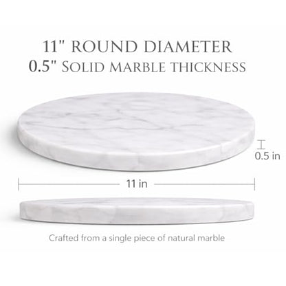 11-Inch Round Marble Cheese Board – Solid White Natural Stone Cutting Board & Charcuterie Serving Tray with Non-Slip Feet, 0.5” Thick, Easy to Clean. - color: White, size: 11"L x 11"W