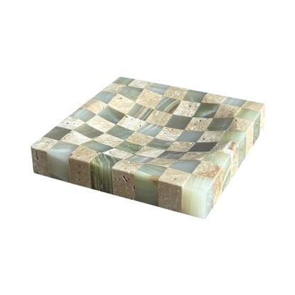 Marble Stone Green Onyx with Travertine Checkerboard Square Small Splicing Mosaic Tray Jewelry Dish (Green and Beige)