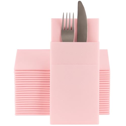 Moyes Home Baby Pink Disposable Dinner Napkins with Pocket - Linen-Feel Pre-Folded Cloth-Like Paper Napkins for Silverware, Weddings, Dinner Parties, 16x16 in, Pack of 50 - color: Baby Pink