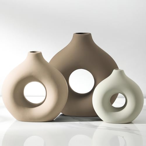 Vanselia Ceramic Vase Home Table Decor - Flower Vases Set of 3 Small Living Room Centerpiece Decorations for Shelf Bedroom Office Kitchen Dining Desk Modern Aesthetic Farmhouse Decorative (Farmhouse) - color: Farmhouse