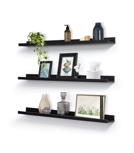 MBYD Dark Black Solid Wood Floating Shelves for Wall, 24 Inch Modern Photo Shelf Wall Mount, Picture Ledge with Lip Set of 3, Book Shelves for Bathroom Bedroom Kitchen Living Room Nursery - color: Black, size: Set of 3 24 in