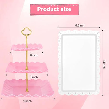 5 Pcs Dessert Display Stands, 2pcs Dessert Stands 3 Pcs Tray, Pink Dessert Display Stands, Treat Table Displays Set for Wedding Baby Shower Tea Party, Ease of Cleaning and Assembly - color: Pink