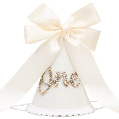 Boho Beige Bow Half Birthday hat-1/2 Birthday Decorations,Glitter Number Cone Hat,Princess Hat,Photo Props Cake Smash - color: White Bow Hat1