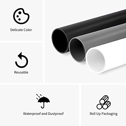 Meking 31x59inch (80x150cm) Photography PVC Backdrop Background Matte Vincly Seamless Backdrop Kit for Studio Video Product Shooting, 3 Solid Colors - color: Matte Black White Grey