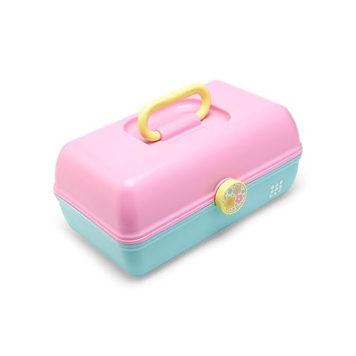 Caboodles On-The-Go Girl Makeup Box, Two-Tone Pink and Light Blue, Hard Plastic Makeup Organizer Box, Built-In Mirror, Secure Latch for Safe Travel, Spacious Storage for Large Items - color: Pink and Light Blue