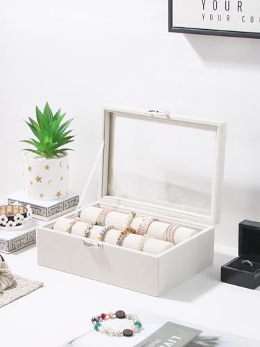 Bracelet Holder Organizer Box, Jewelry Storage Case with 2 Rods, Bangle Watch Display Tray for Women Girls (Beige) - color: Beige