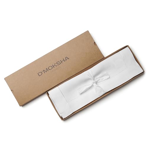 D'Moksha Homes White Linen Placemats Set of 4 - Classic Hemstitch Placemats 14 x 19 Inch - 100% Pure Linen Table Mats for Spring - Handcrafted and Machine Washable - color: 09 - White