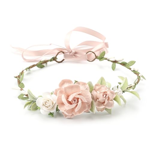 Flower Girl Flower Crown Pink Baby Girls Floral Headpieces Kids Headband Children Hair Wreath Photo Prop (Blush & White-Child Size) - color: Blush & White