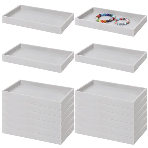 Inbagi 16 Pcs Small Velvet Jewelry Tray Stackable Jewelry Drawers Organizer Trays Storage Display Trays for Earring Ring Necklace Bracelet 8.3 x 5 x 1 Inches, Grey